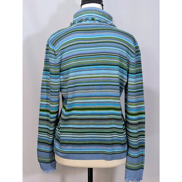 Ingrid Olsen Striped Knit Turtleneck Sweater Large Blue Green Ribbed Fringe Trim - Picture 2 of 9
